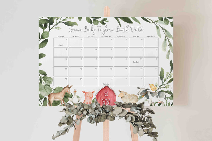 On The Farm Baby Shower Due Date Calendar Printable