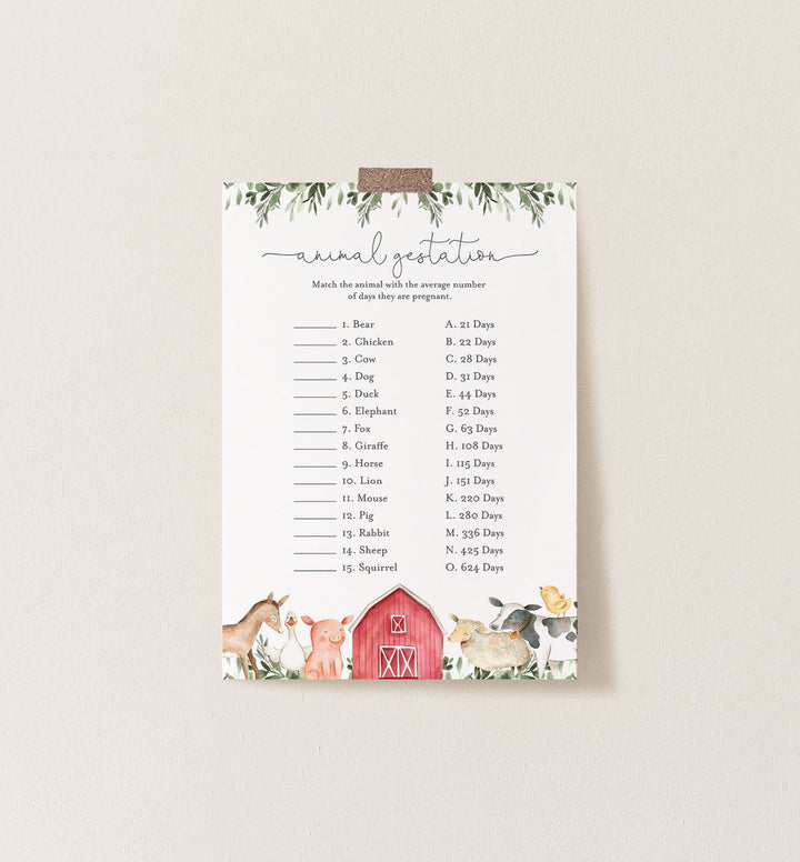 On The Farm Baby Shower Animal Gestation Game Printable