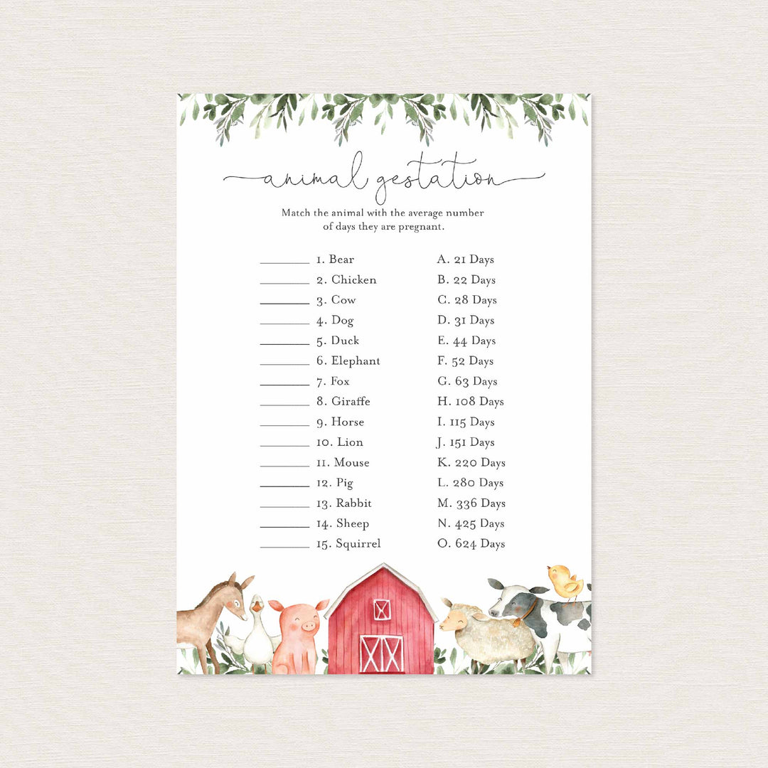 On The Farm Baby Shower Animal Gestation Game Printable