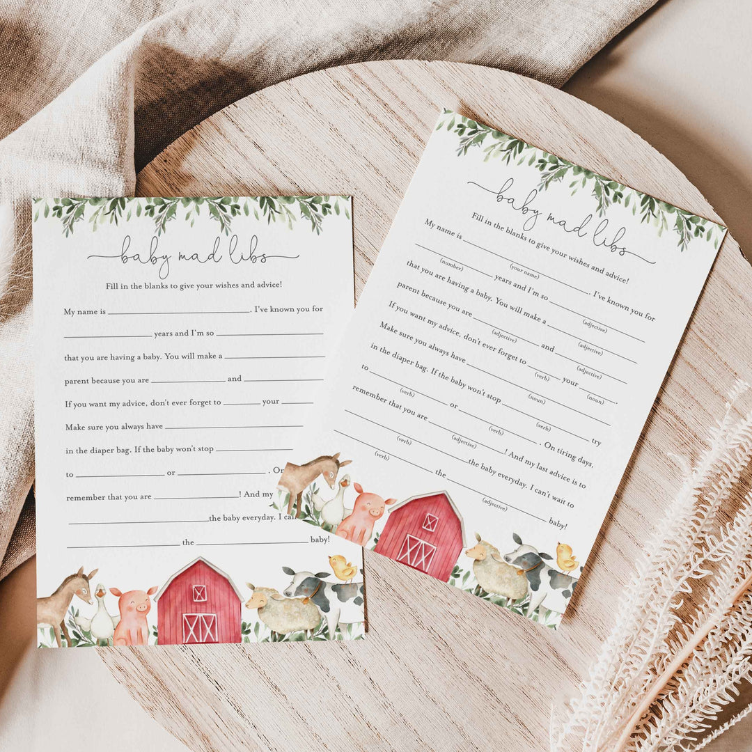 On The Farm Baby Shower Mad Libs Printable