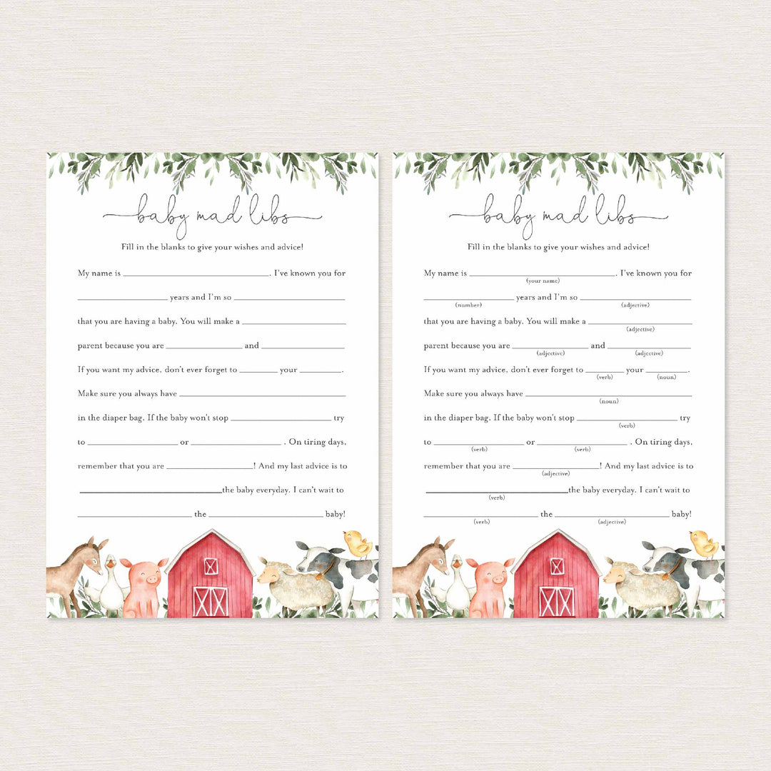 On The Farm Baby Shower Mad Libs Printable
