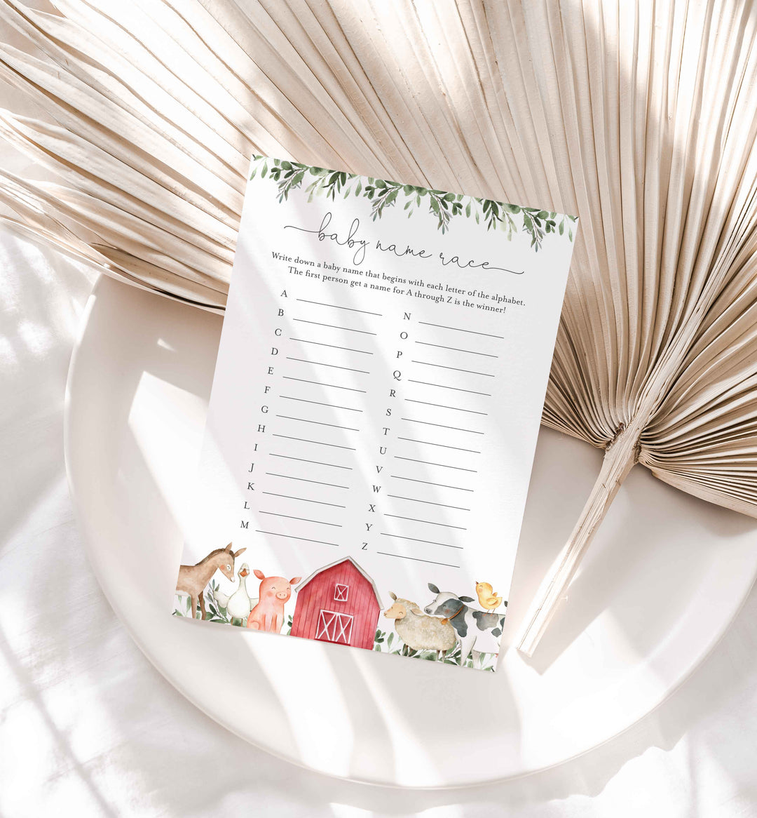 On The Farm Baby Shower Name Race Game Printable
