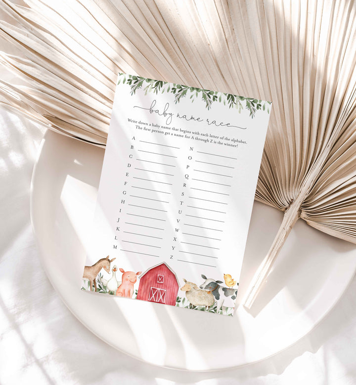On The Farm Baby Shower Name Race Game Printable