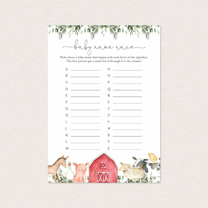 On The Farm Baby Shower Name Race Game Printable