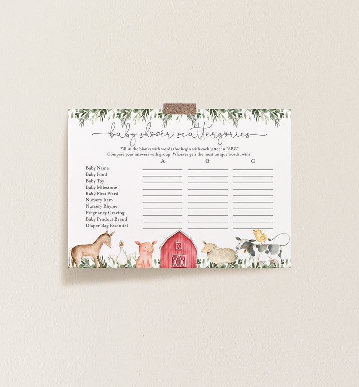 On The Farm Baby Shower Scattergories Game Printable