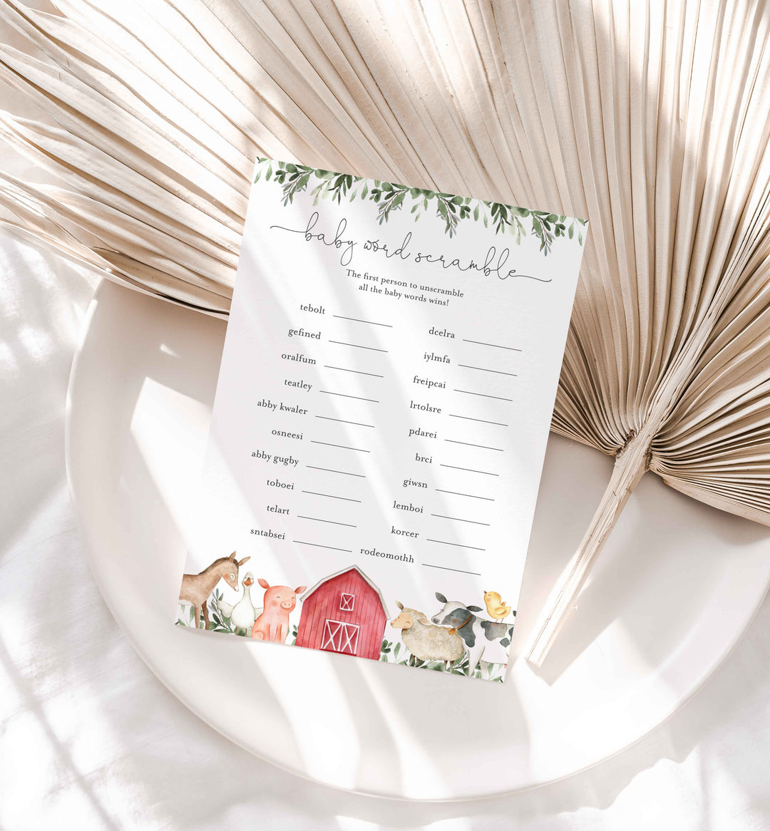 On The Farm Baby Shower Word Scramble Game Printable