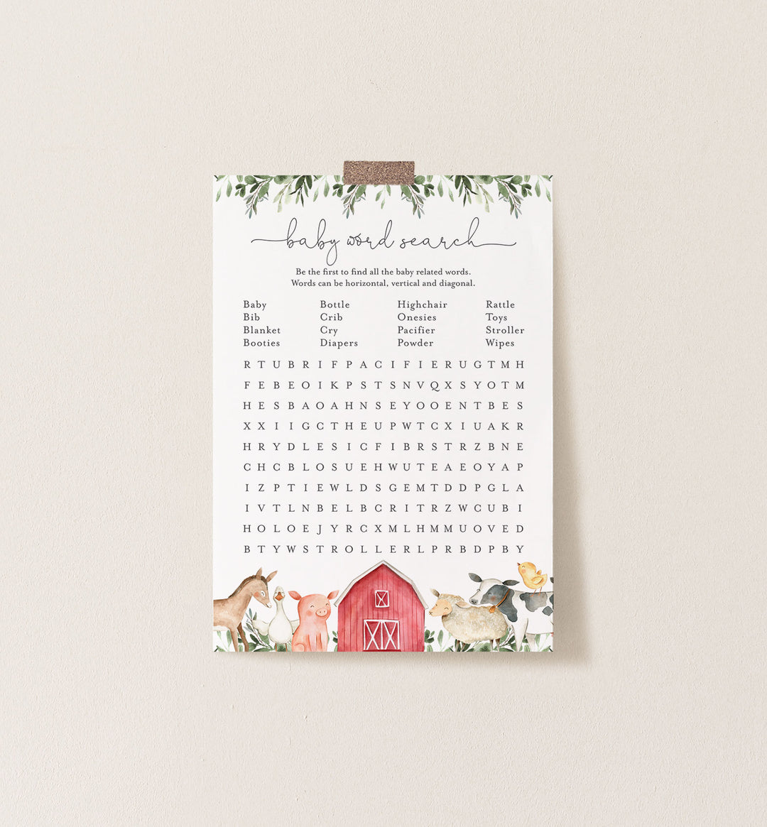 On The Farm Baby Shower Word Search Game Printable