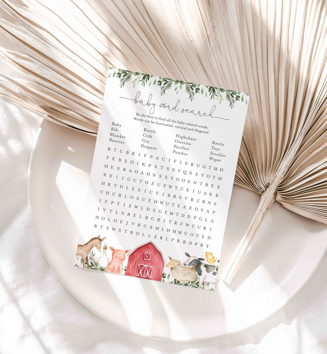 On The Farm Baby Shower Word Search Game Printable