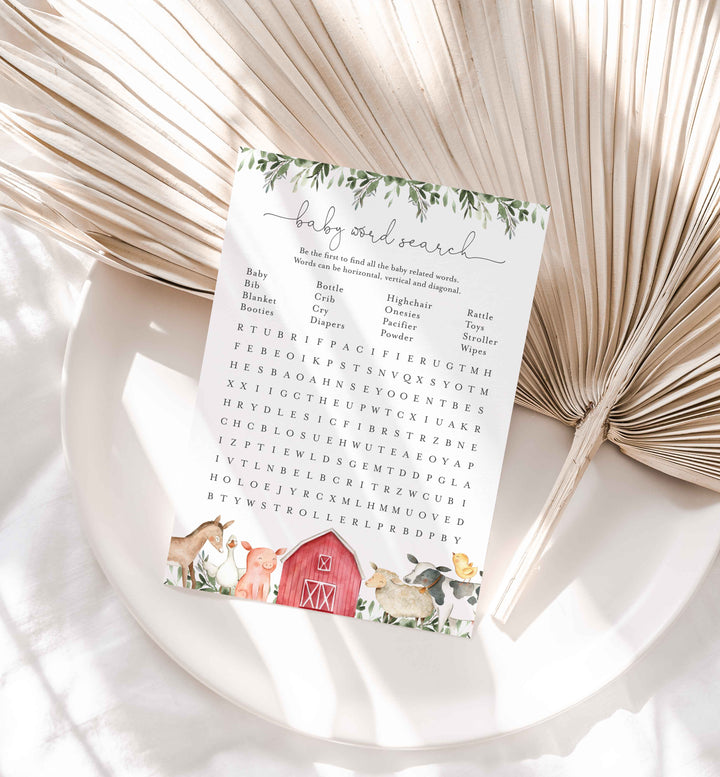 On The Farm Baby Shower Word Search Game Printable