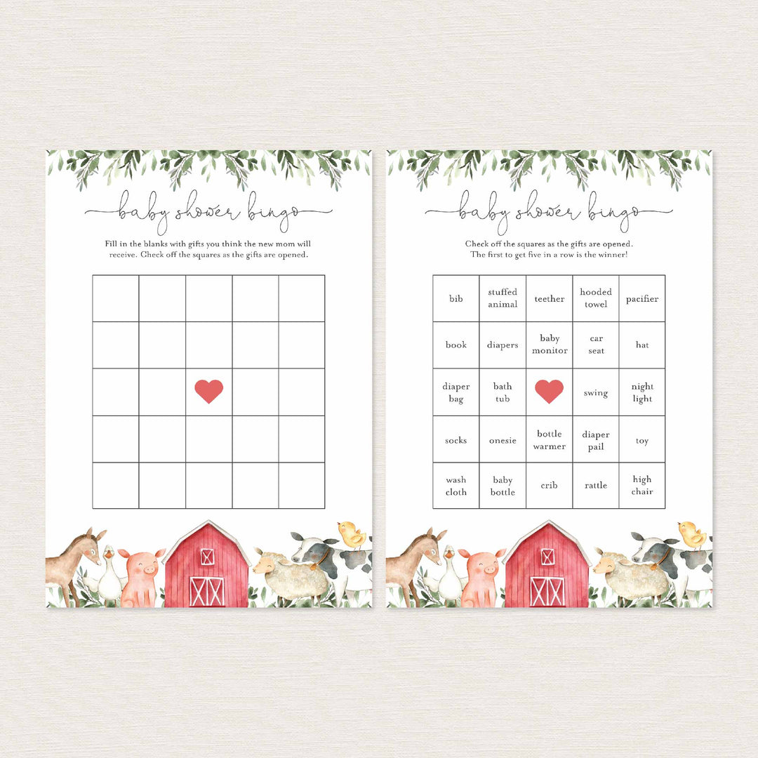 On The Farm Baby Shower Bingo Game Printable