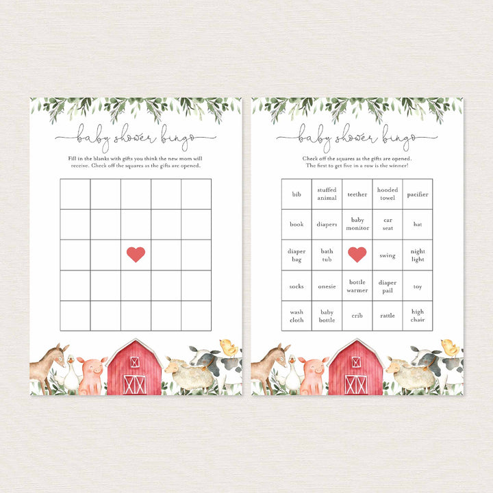 On The Farm Baby Shower Bingo Game Printable