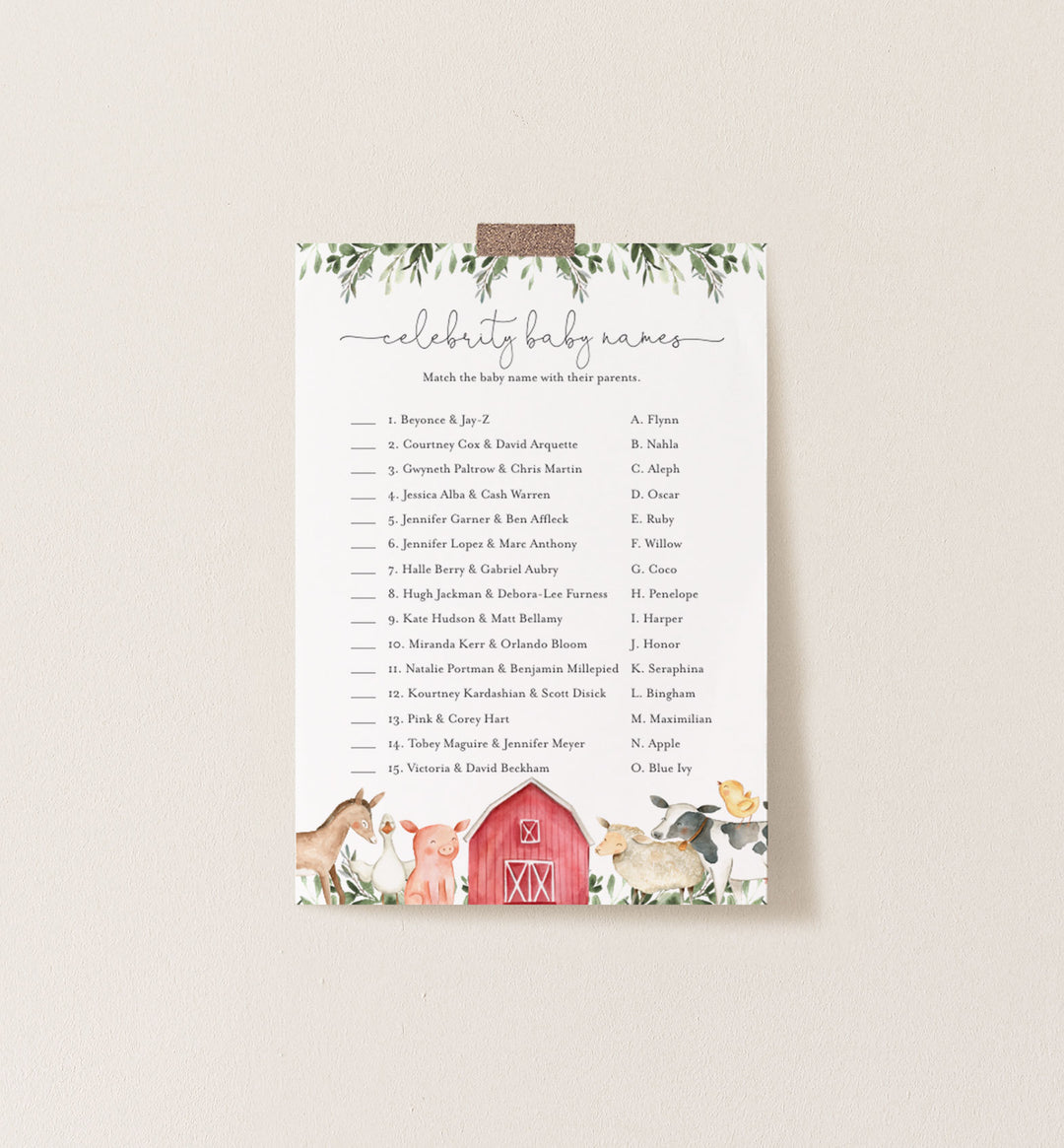 On The Farm Baby Shower Celebrity Baby Names Game Printable
