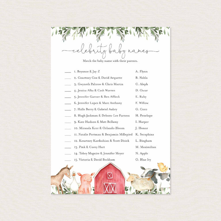 On The Farm Baby Shower Celebrity Baby Names Game Printable