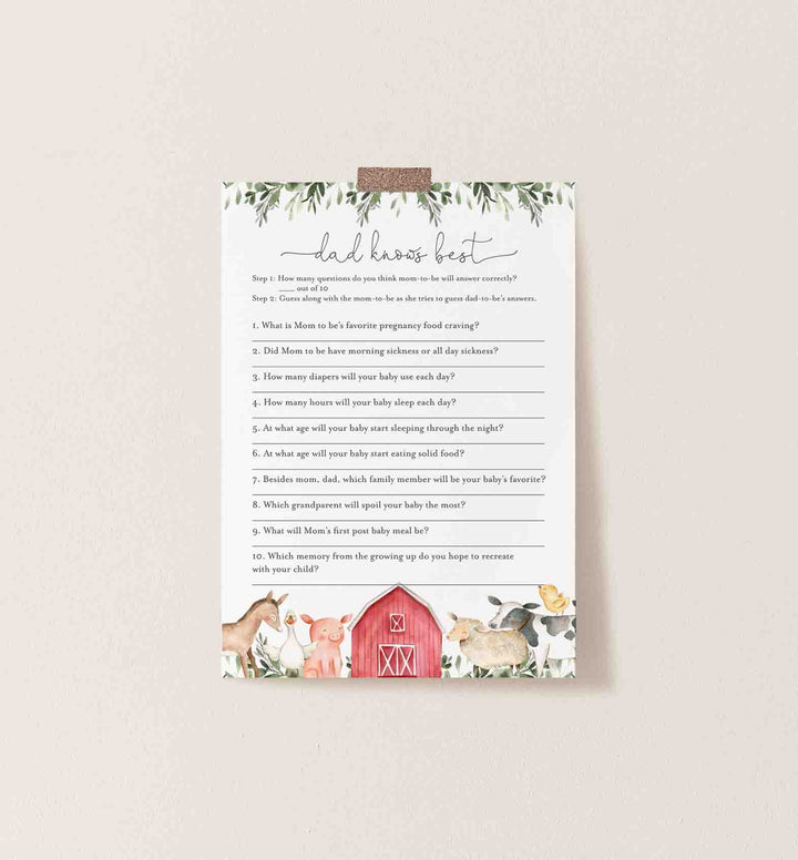 On The Farm Baby Shower Dad Knows Best Game Printable