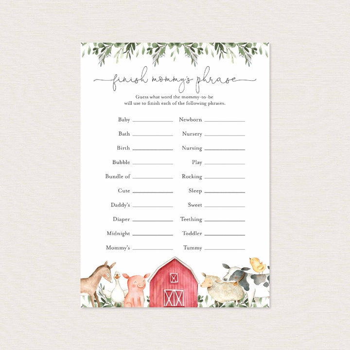 On The Farm Baby Shower Finish Mummy's Phrase Game Printable