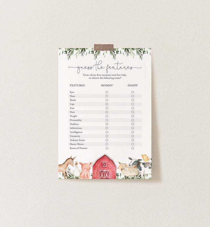 On The Farm Baby Shower Guess The Features Game Printable