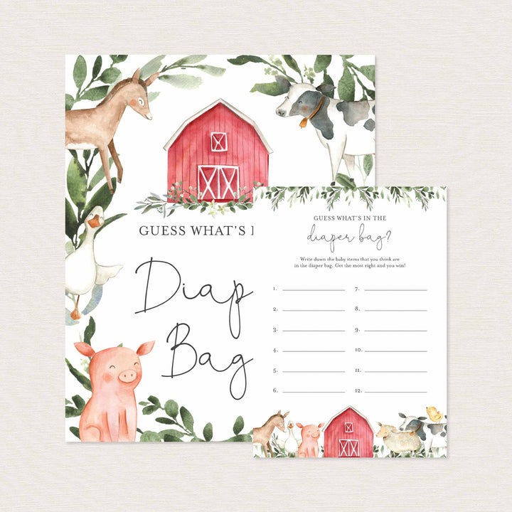 On The Farm Baby Shower Guess What's In The Diaper Bag Game Printable