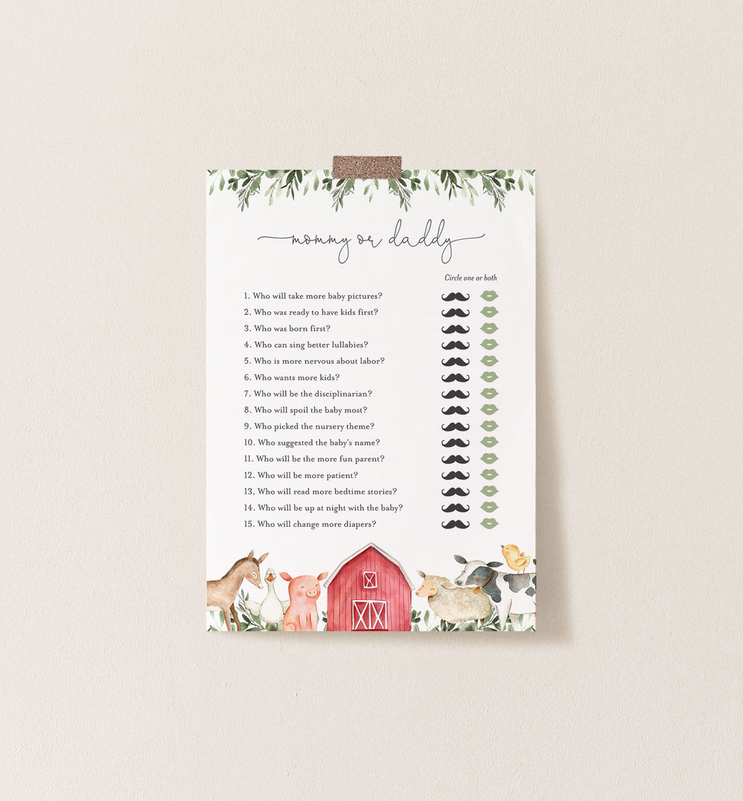 On The Farm Baby Shower Mummy or Daddy Game Printable
