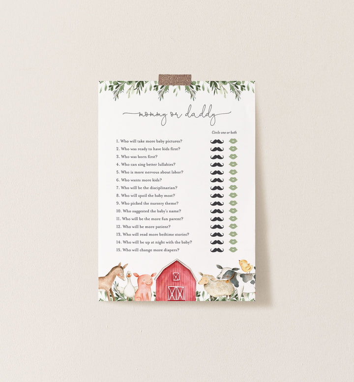 On The Farm Baby Shower Mummy or Daddy Game Printable