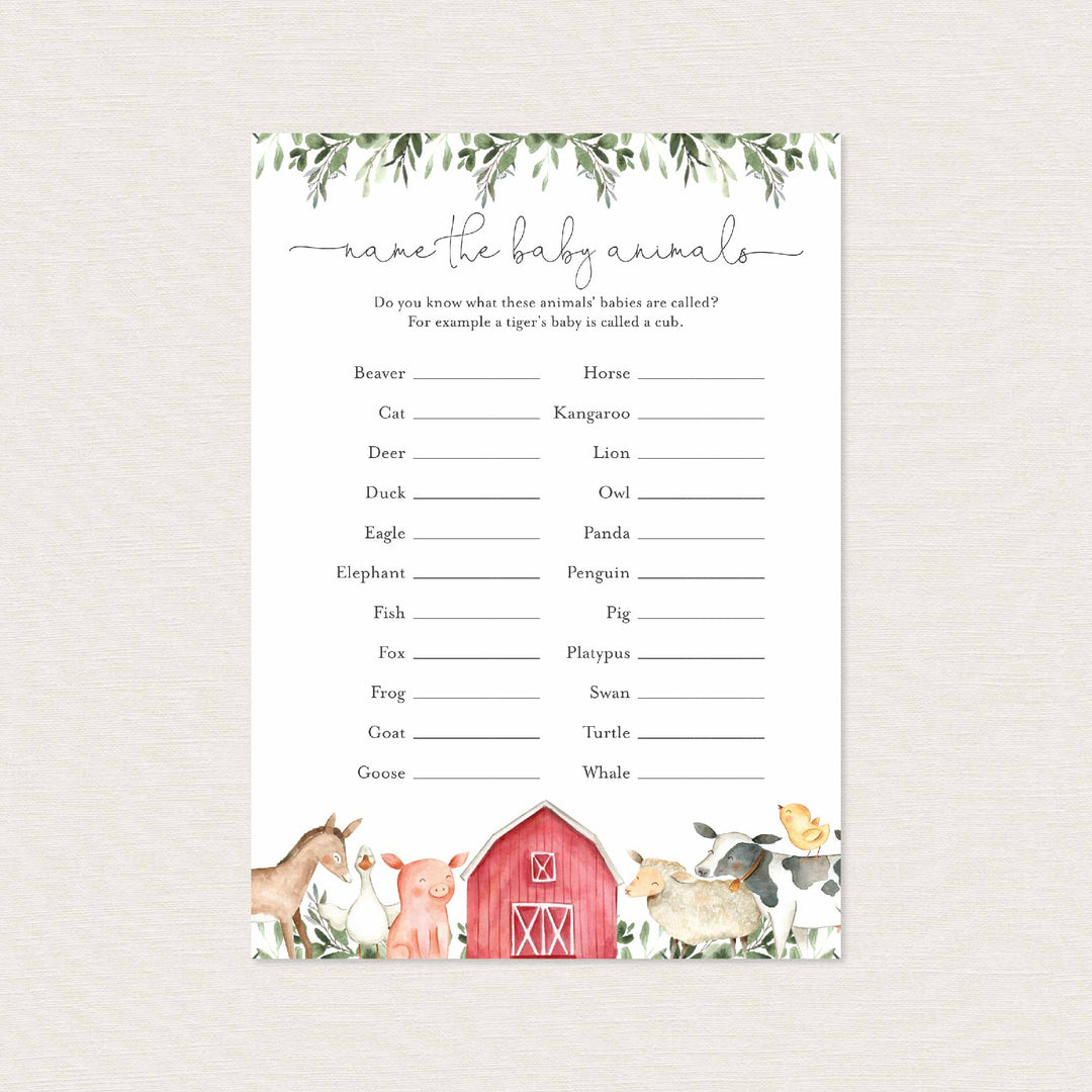 On The Farm Baby Shower Name The Baby Animals Game Printable