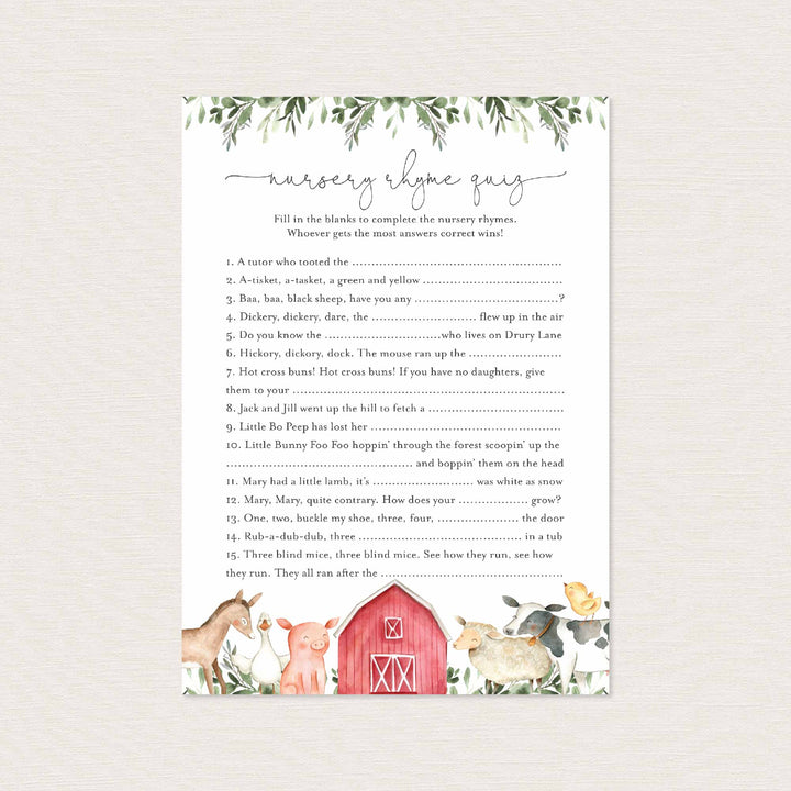 On The Farm Baby Shower Nursery Rhyme Quiz Game Printable