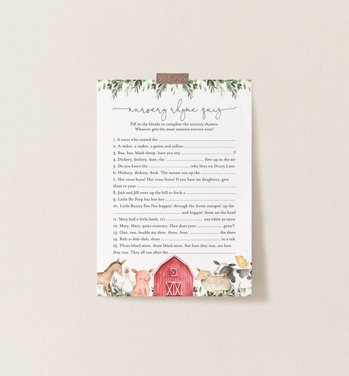 On The Farm Baby Shower Nursery Rhyme Quiz Game Printable