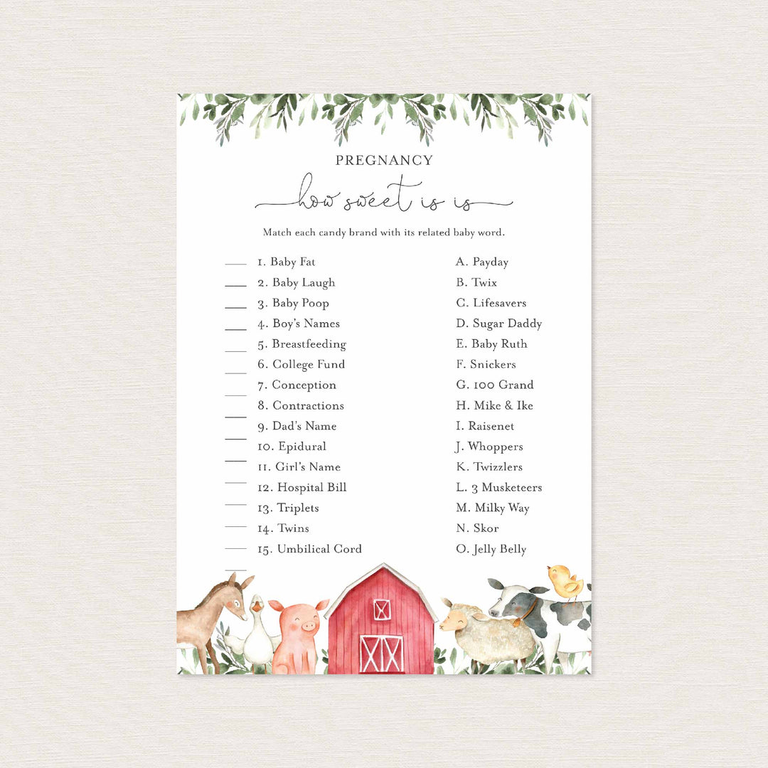 On The Farm Baby Shower Pregnancy How Sweet It Is Game Printable