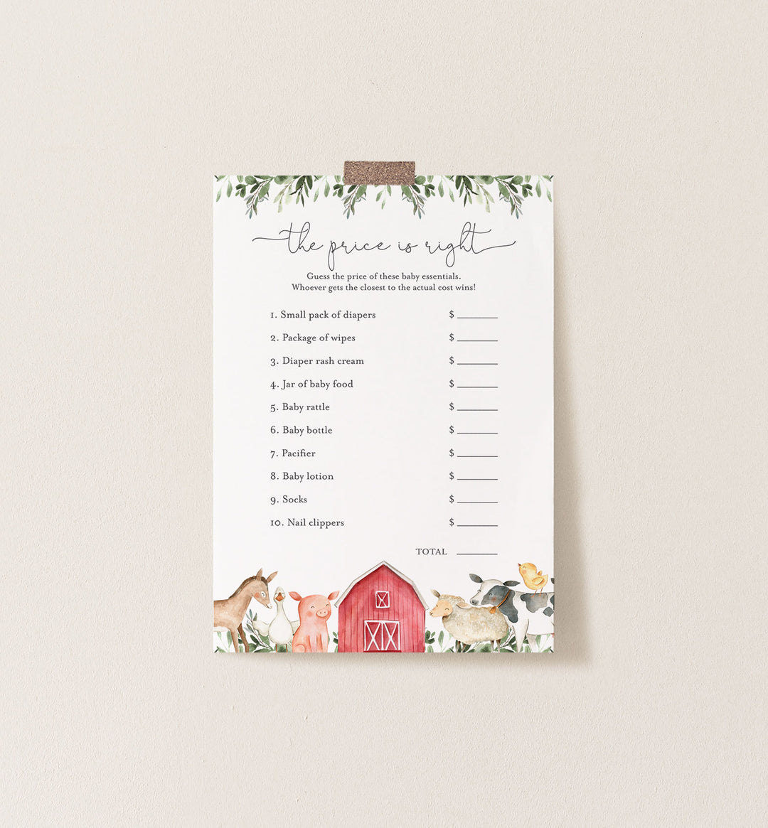 On The Farm Baby Shower The Price Is Right Game Printable