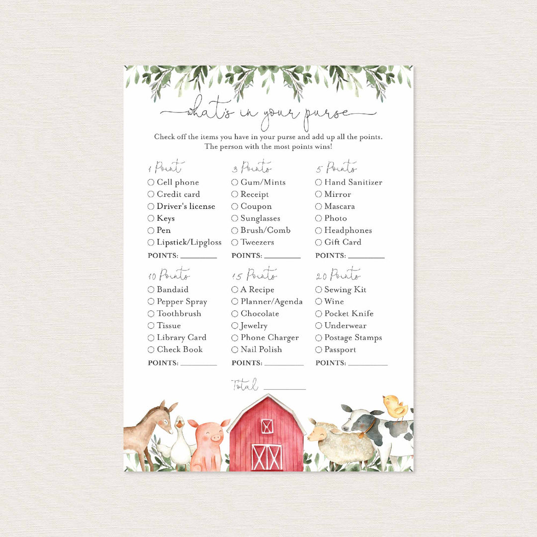 On The Farm Baby Shower What's In Your Purse Game Printable