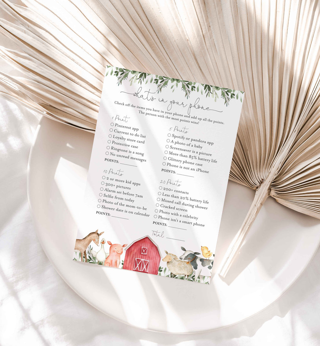 On The Farm Baby Shower What's In Your Phone Game Printable