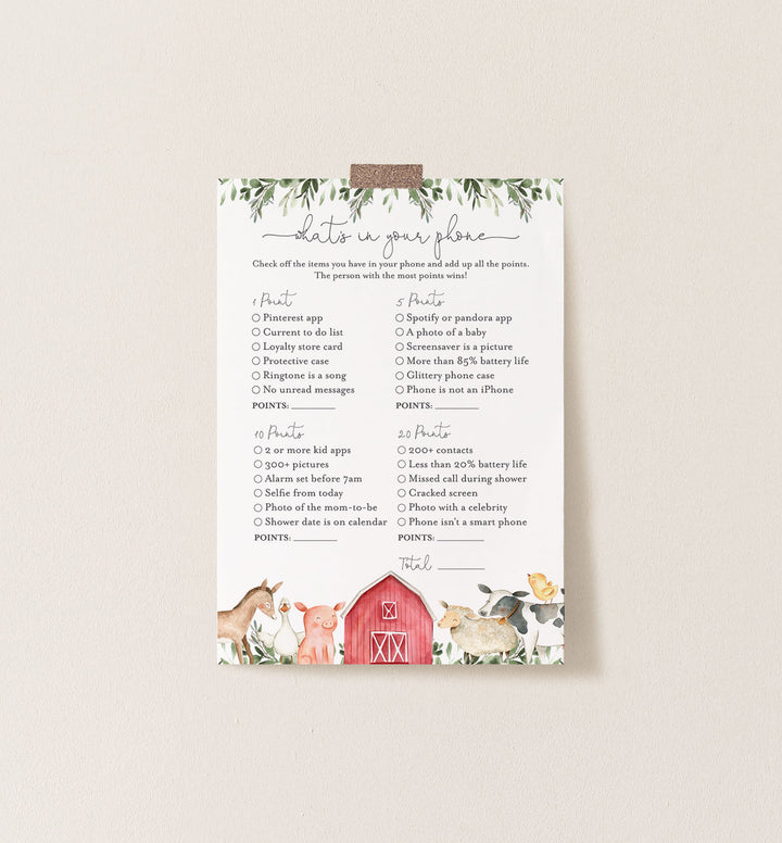 On The Farm Baby Shower What's In Your Phone Game Printable