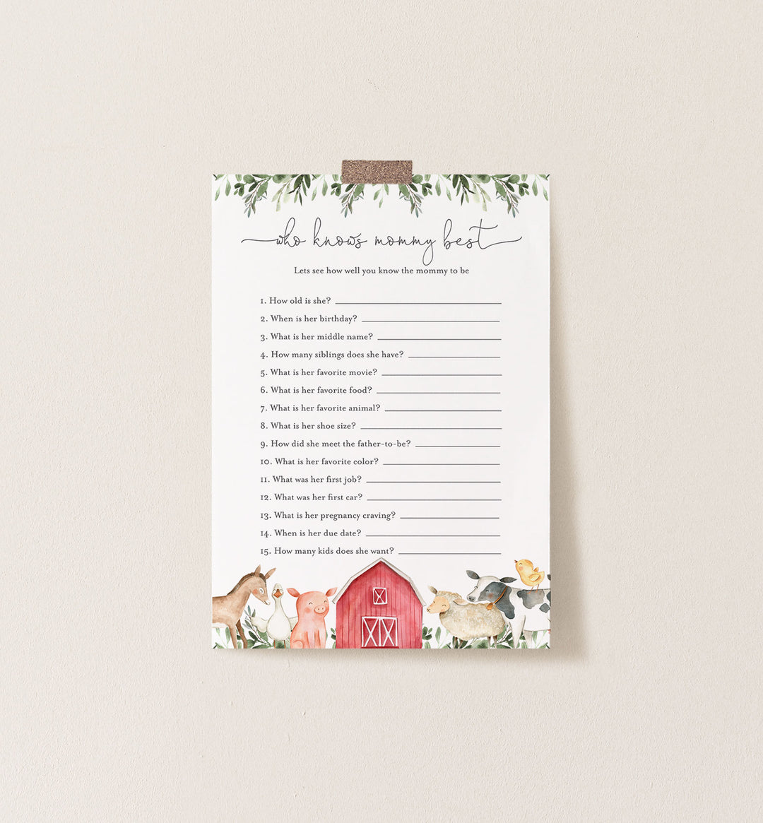 On The Farms Baby Shower Who Knows Mummy Best Game Printable