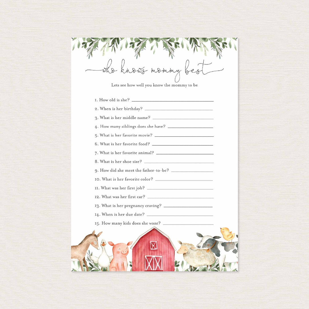 On The Farms Baby Shower Who Knows Mummy Best Game Printable