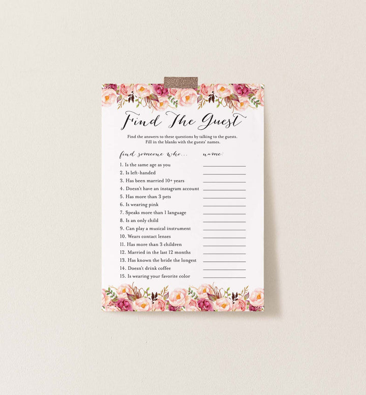 Pink Floral Bridal Shower Find The Guest Game Printable