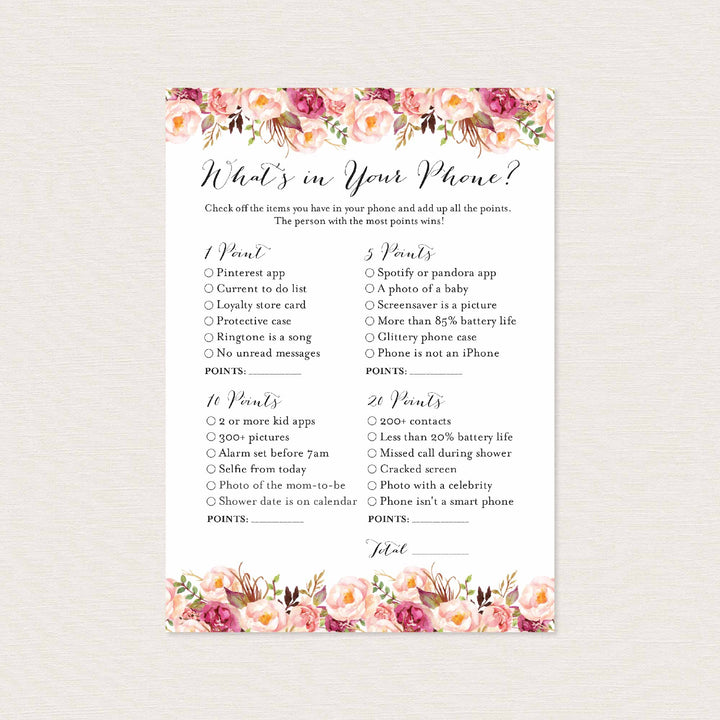 Pink Floral Bridal Shower What's In Your Phone Game Printable