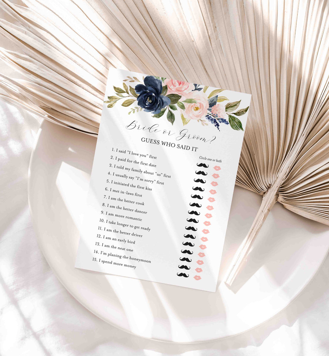 Navy Blush Bridal Shower He Said She Said Game Printable