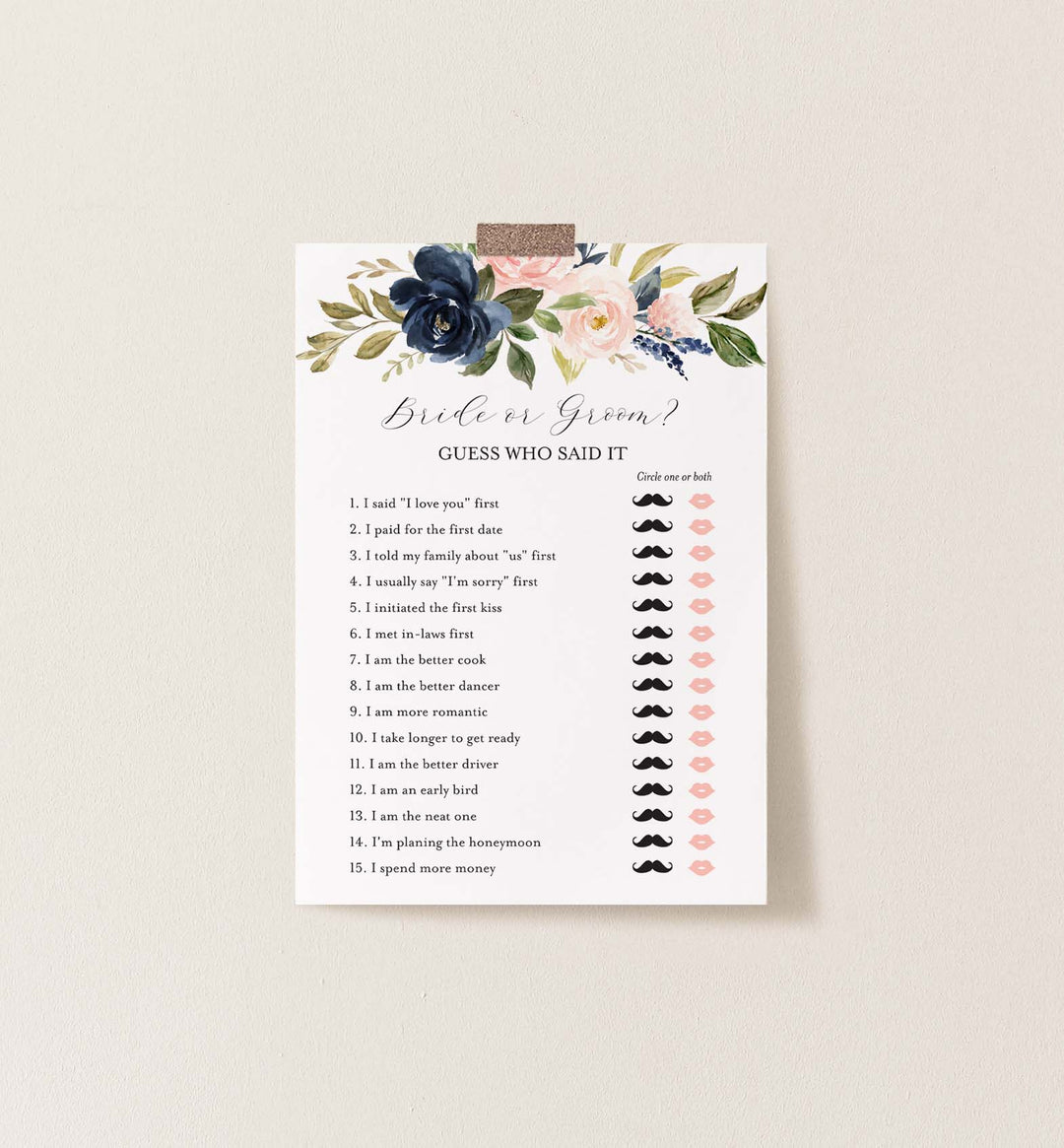 Navy Blush Bridal Shower He Said She Said Game Printable
