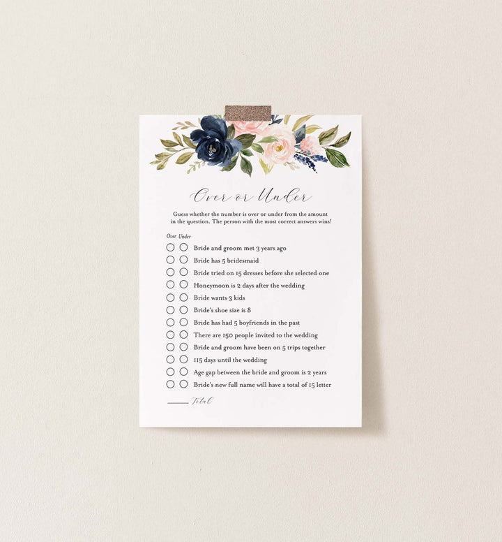 Navy Blush Bridal Shower Over or Under Game Printable