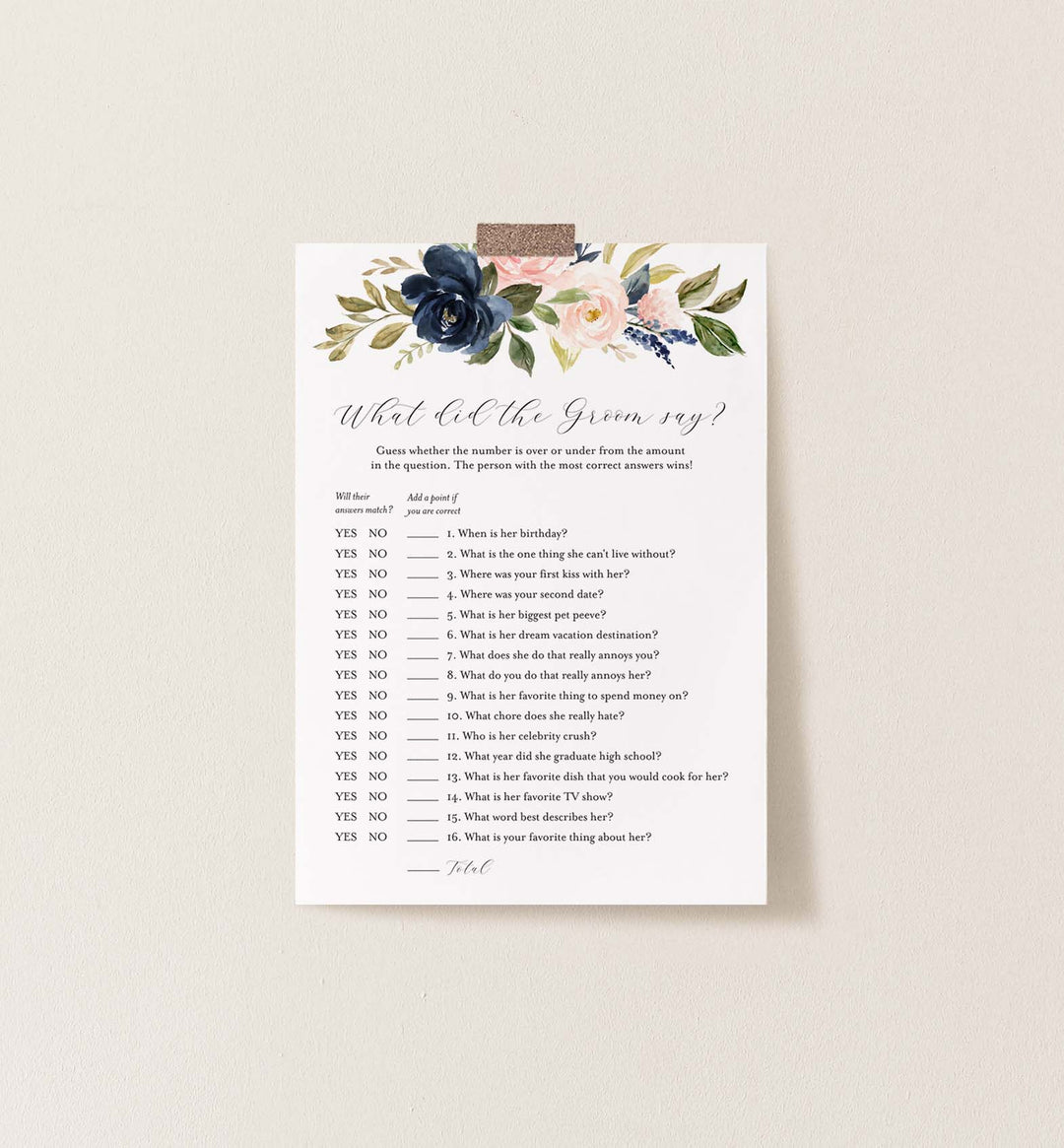 Navy Blush Bridal Shower What Did The Groom Say Game Printable
