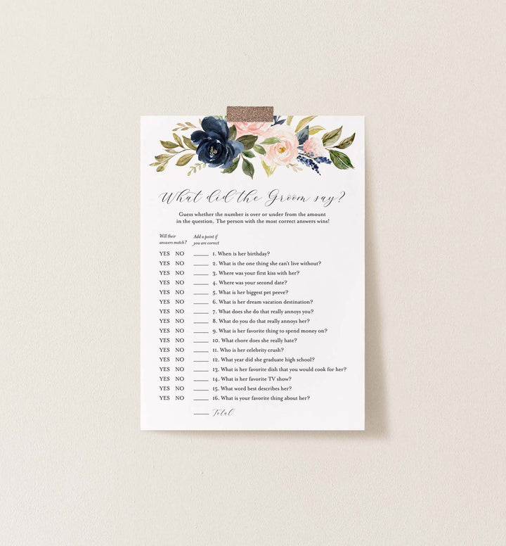 Navy Blush Bridal Shower What Did The Groom Say Game Printable
