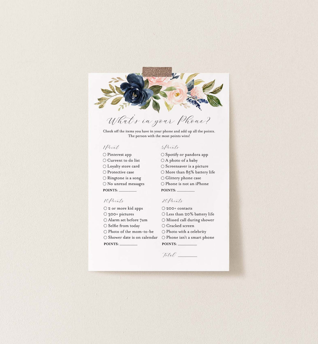 Navy Blush Bridal Shower What's In Your Phone Game Printable