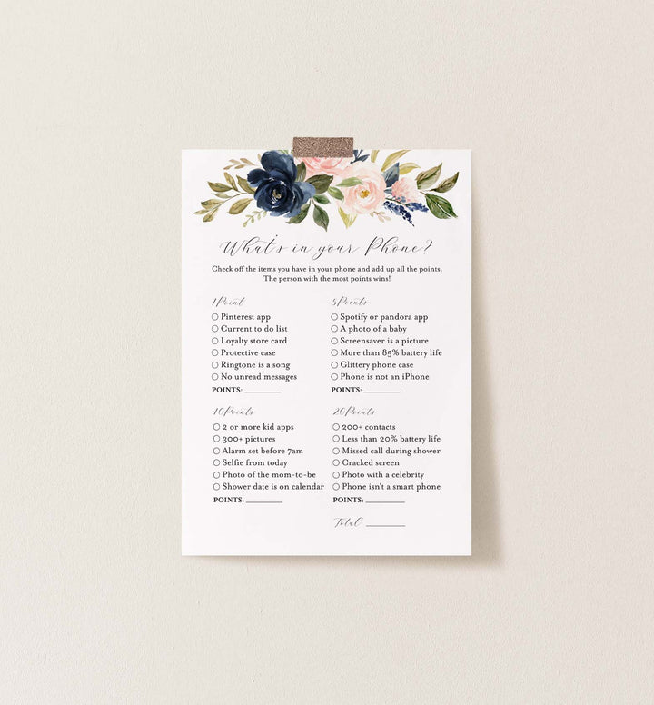 Navy Blush Bridal Shower What's In Your Phone Game Printable