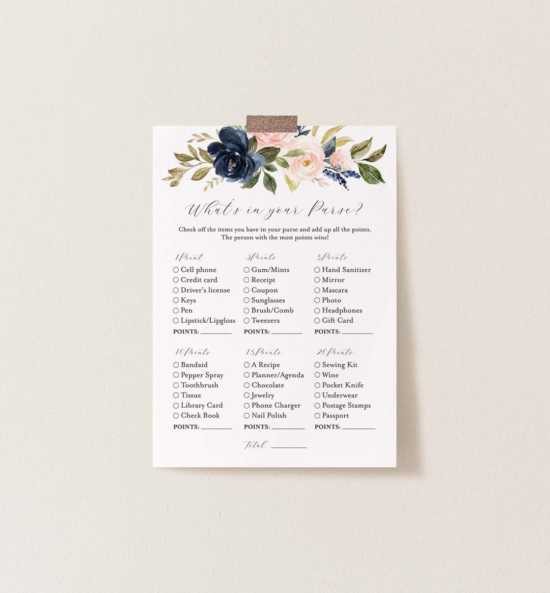 Navy Blush Bridal Shower What's In Your Purse Game Printable