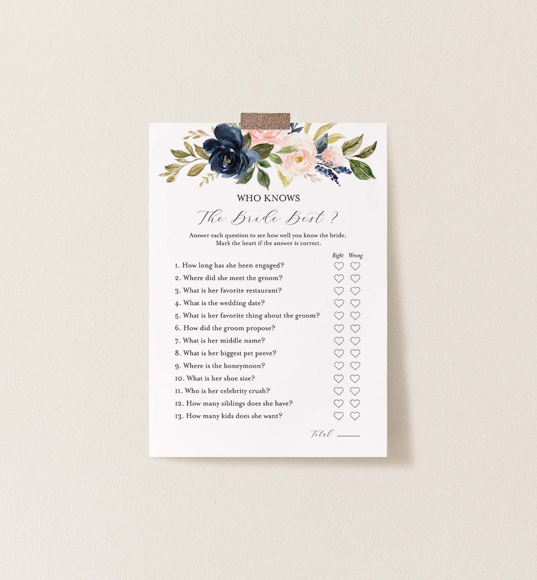 Navy Blush Bridal Shower Who Knows The Bride Best Game Printable