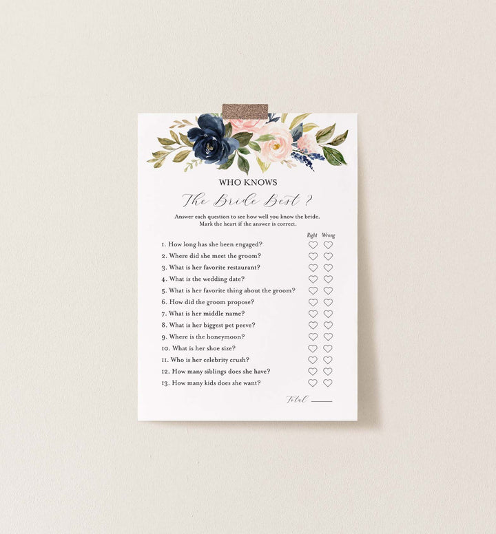 Navy Blush Bridal Shower Who Knows The Bride Best Game Printable