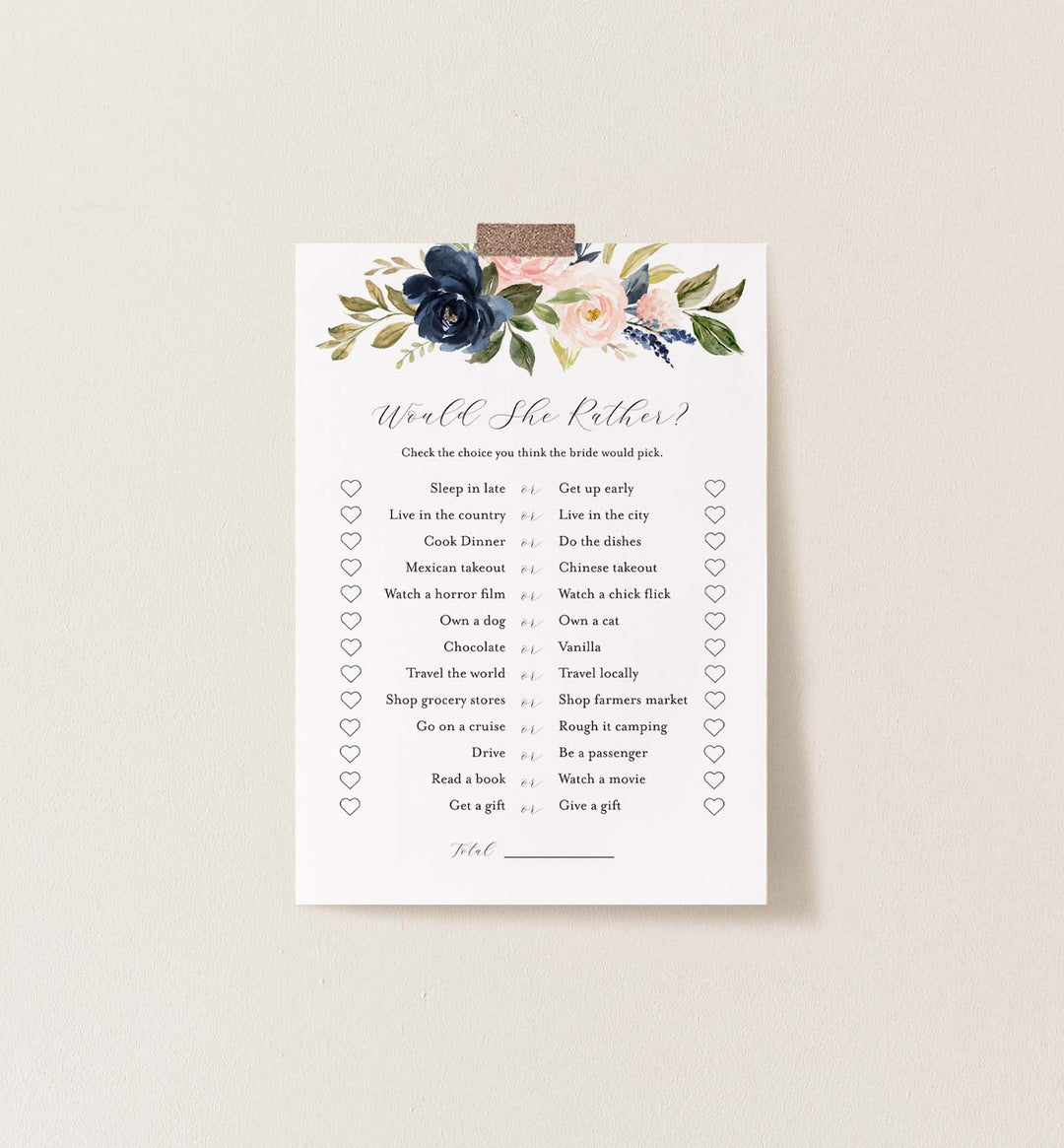 Navy Blush Bridal Shower Would She Rather Game Printable