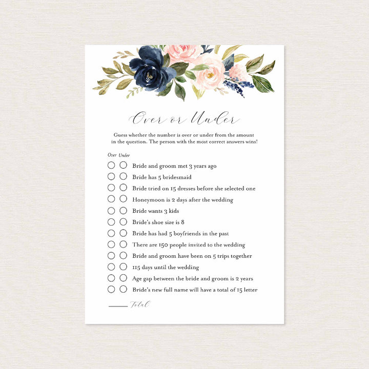 Navy Blush Bridal Shower Over or Under Game Printable