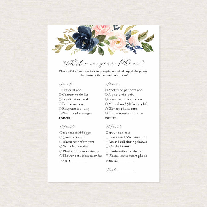Navy Blush Bridal Shower What's In Your Phone Game Printable