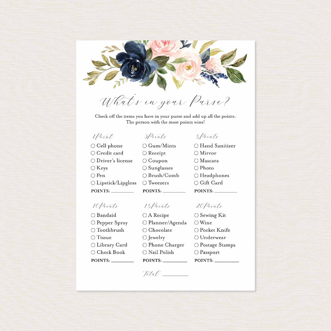 Navy Blush Bridal Shower What's In Your Purse Game Printable