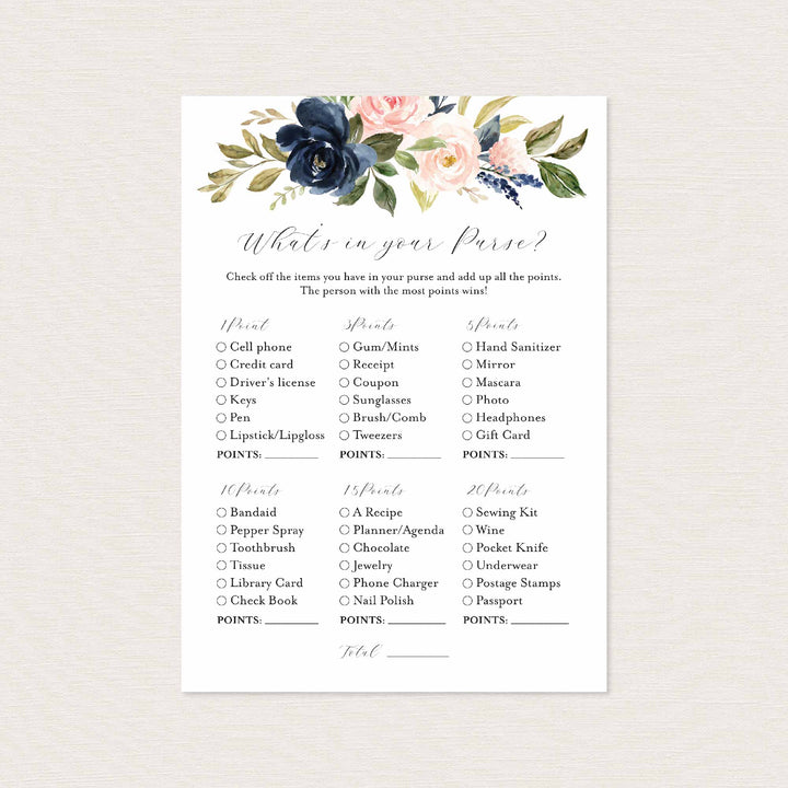 Navy Blush Bridal Shower What's In Your Purse Game Printable